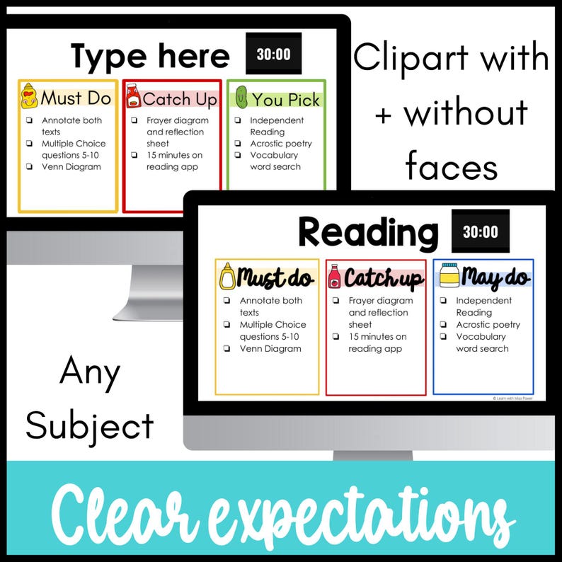 Puede incluir: Una pantalla de ordenador muestra un gr&aacute;fico digital con las palabras "Type here" y "Reading". El gr&aacute;fico incluye secciones etiquetadas como "Must Do", "Catch Up" y "You Pick", con listas de tareas. La frase "Clear expectations" est&aacute; en la parte inferior.