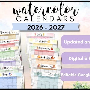 Watercolor Calendar | Monthly Calendar Printable 2026-2027 | Editable Monthly Calendar Google Slides