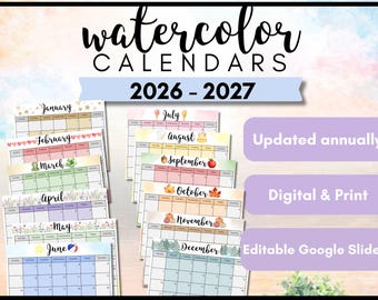 Wandkalender Aquarell | Monatskalender Printable 2026-2027 | Bearbeitbarer Monatskalender Google Slides