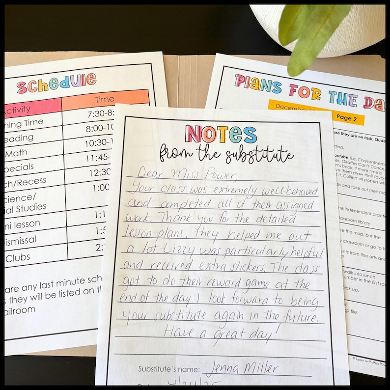 May include: A collection of school documents, including a schedule, lesson plans, and notes from a substitute teacher. The documents feature colorful headings and handwritten notes, ideal for educational settings.