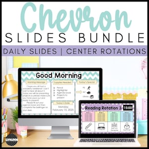 Op de afbeelding: Een computermonitor en een laptop tonen een "Chevron Slides Bundle" voor dagelijks gebruik in de klas. De monitor toont een "Good Morning"-bericht, benodigde benodigdheden en de datum van vandaag. De laptop toont een leesroosterschema.