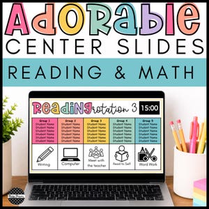 Peut inclure: Un écran d'ordinateur affiche un tableau numérique coloré intitulé Reading Rotation 3 avec un minuteur réglé sur 15:00. Le tableau organise cinq groupes d'élèves en colonnes avec des icônes pour l'écriture, l'ordinateur, le travail en groupe.