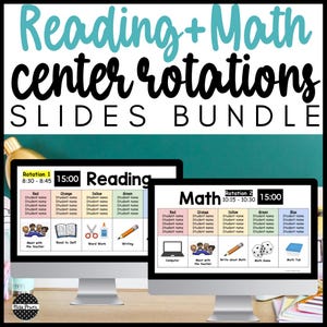 Può includere: Una risorsa educativa digitale intitolata "Reading + Math Center Rotations Slides Bundle". L'immagine mostra due monitor di computer che visualizzano programmi di rotazione per attività di lettura e matematica, inclusi orari e nomi degli studenti.