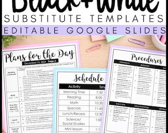Substitute Binder Templates | Emergency Sub Binder | Sub Plans Template | Classroom Organization | Black and White Theme