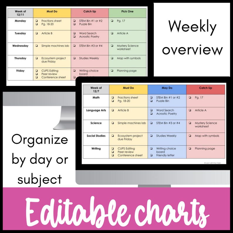 Puede incluir: Una pantalla de ordenador muestra gr&aacute;ficos semanales editables para organizar el trabajo escolar. Los gr&aacute;ficos est&aacute;n codificados por colores e incluyen secciones para tareas "Must Do", "May Do" y "Catch Up". El texto en la pantalla dice "Weekly overview" y "Organize by day or subject."