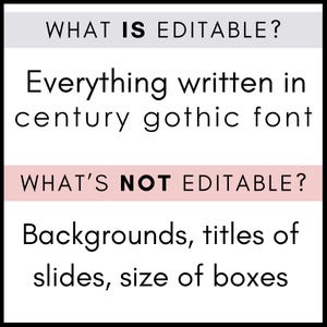 Puede incluir: Gr&aacute;fico en blanco y negro con texto. La secci&oacute;n superior dice "&iquest;QU&Eacute; ES EDITABLE?" seguido de "Todo lo escrito en fuente century gothic". La secci&oacute;n inferior dice "&iquest;QU&Eacute; NO ES EDITABLE?" seguido de "Fondos, t&iacute;tulos de diapositivas, tama&ntilde;o de cuadros".