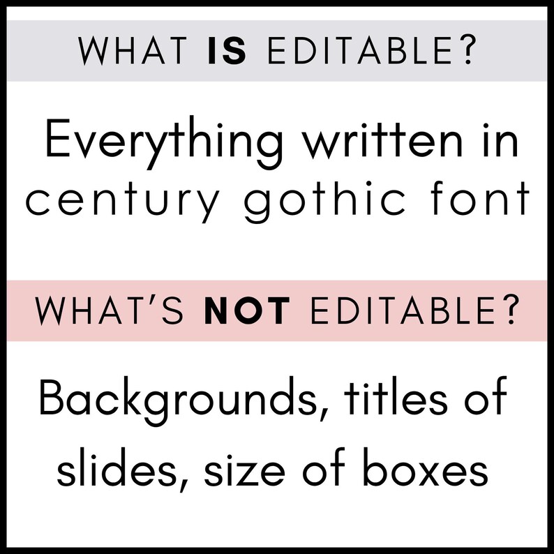 Puede incluir: Gr&aacute;fico en blanco y negro con texto. La secci&oacute;n superior dice "&iquest;QU&Eacute; ES EDITABLE?" seguido de "Todo lo escrito en fuente century gothic". La secci&oacute;n inferior dice "&iquest;QU&Eacute; NO ES EDITABLE?" seguido de "Fondos, t&iacute;tulos de diapositivas, tama&ntilde;o de cuadros".