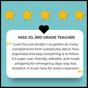 May include: A teal background with five gold stars and a black heart. A white speech bubble contains text from "Miss Jo, 3rd Grade Teacher" praising a sub binder for its organization and ease of use.