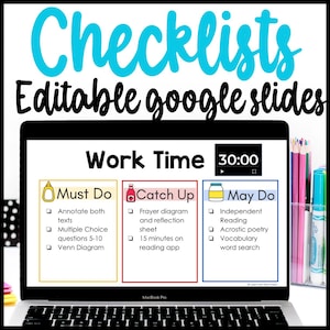 Puede incluir: Un port&aacute;til MacBook Pro muestra una lista de verificaci&oacute;n "Work Time" con secciones "Must Do", "Catch Up" y "May Do". La pantalla muestra un temporizador configurado en 30:00. El texto "Checklists Editable google slides" est&aacute; en la parte superior.