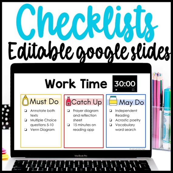Editable Daily Classroom Slides: Weekly Planner, Student Checklist, Google Slides with countdown timers