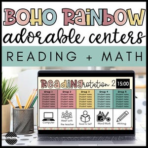 Op de afbeelding: Een laptop toont een leesschema met de tekst "Reading Rotation 2 15:00". Het scherm toont een tabel met studentengroepen en activiteiten. De afbeelding bevat ook de tekst "BOHO Rainbow adorable centers READING + MATH".