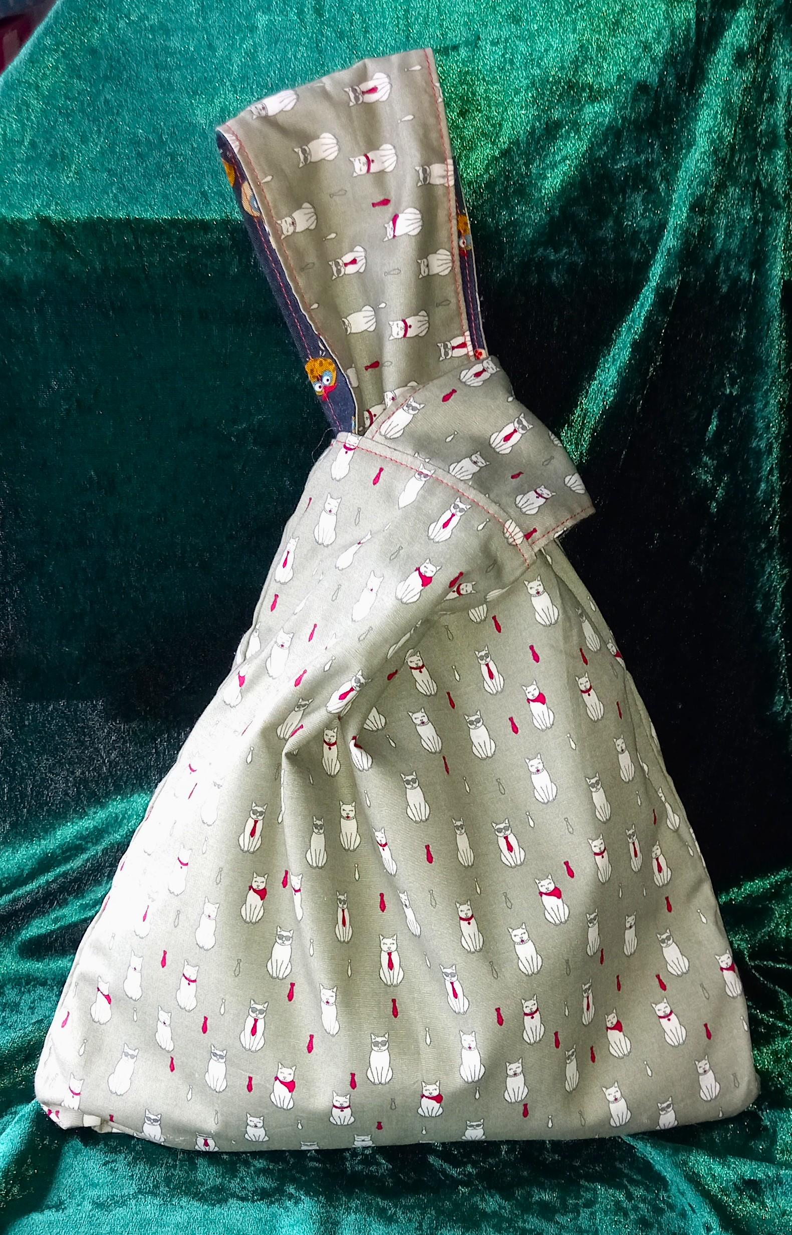 Cats and Owls Reversible Japanese Knot Bag Medium