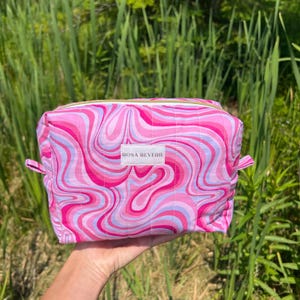 Boxy Makeup Bag, Groovy Pink Cosmetic Bag, Quilted Makeup Pouch