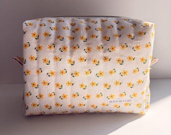 Yellow Flower Handmade Quilted Boxy Makeup Bag, Cotton Cosmetic Pouch