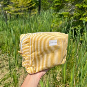 Boxy Makeup Bag, Yellow Stripe Cosmetic Bag, Quilted Makeup Pouch