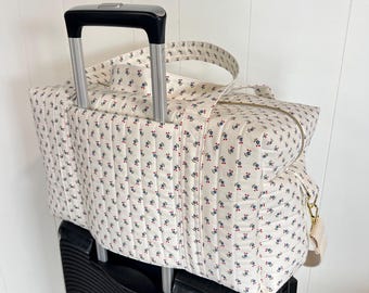 Handmade Quilted Boxy Duffle Bag with Trolley Sleeve, Floral Overnight Travel Bag
