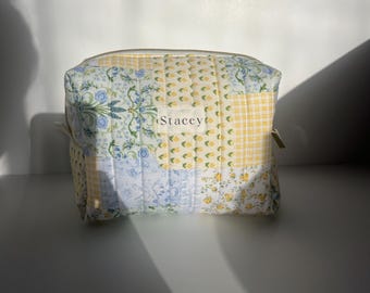Personalized Handmade Quilted Boxy Makeup Bag, Custom Cotton Cosmetic Pouch with Your Name