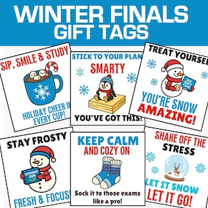 Könnte beinhalten: Eine Sammlung von Geschenk-Anhängern zum Thema Winter mit verschiedenen Designs und Texten. Die Anhänger zeigen Illustrationen von Schneemann, Pinguin, Schneeflocken und gemütlichen Gegenständen. Der Text enthält Sätze wie "Sip, Smile & Study" und "You're Snow Amazing!"