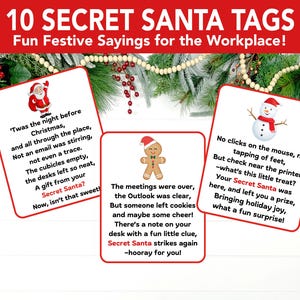 Étiquettes cadeaux Père Noël secret à imprimer, Étiquettes poèmes Père Noël secret, Questionnaire secret Père Noël sur le lieu de travail, Cadeaux de travail, Étiquettes Père Noël secret collègue