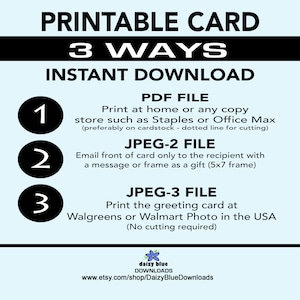 May include: Printable card design with three options for downloading and printing: PDF file, JPEG-2 file, and JPEG-3 file. The card features a blue background with white text and black numbers.