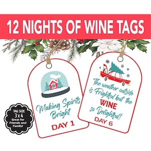 Printable Twelve Days of Christmas Wine Tags, 12 Days of Christmas Tas, Neighbor, Co-Worker, Friend Wine Bottle Calendar Tags