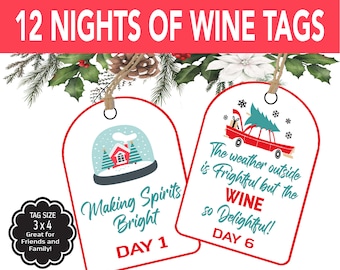 Printable Twelve Days of Christmas Wine Tags, 12 Days of Christmas Tas, Neighbor, Co-Worker, Friend Wine Bottle Calendar Tags