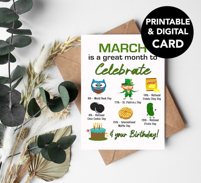 Printable Birthday Card, Digital March Birthday Card, March Birthday