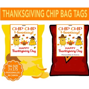 Thanksgiving Chip Bag Tags, Thanksgiving Tags for Treat Bag, Chip Chip Hooray Thanksgiving, Thanksgiving Tags for Kids, Staff, Co-worker