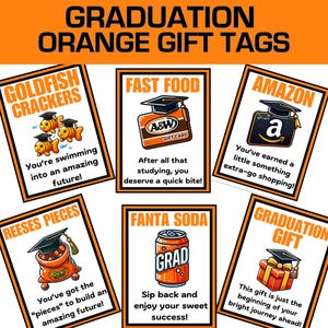 Orange You Glad You Graduated, Tagi prezentów na ukończenie szkoły, Wydruki na kosze absolwentów, Odliczanie do ukończenia szkoły, Prezent na ukończenie szkoły średniej