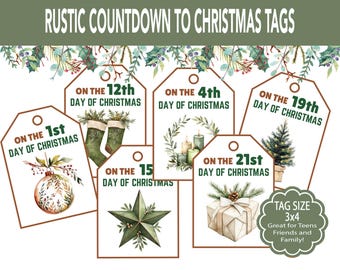 12 Days of Christmas Rustic Tags, Rustic Advent Tags, Printable Twelve Days of Christmas Tags, Neighbor, Co-Workers, Friend, Rustic Gift Tag
