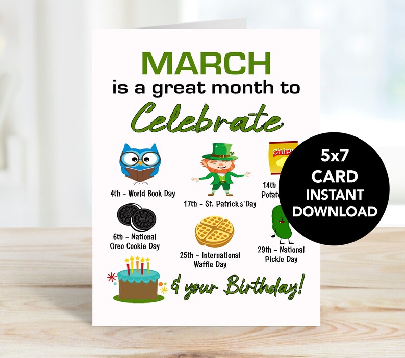 Printable Birthday Card, Digital March Birthday Card, March Birthday