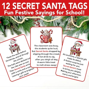 Étiquettes cadeaux Père Noël secret à imprimer, Étiquettes poèmes Père Noël secret, Questionnaire scolaire secret Père Noël, Cadeaux de travail, Étiquettes Père Noël secret collègue