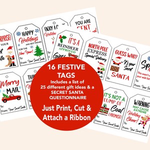 May include: A set of 16 printable Christmas gift tags featuring festive designs and phrases like "Secret Santa", "Merry Mail", "Spoiler Alert", and "It's Not a Lump of Coal".