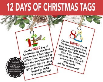12 Days of Christmas Tags, Printable Twelve Days of Christmas Gift Tags, Neighbor, Co-Worker, Teens, Friend, Teacher Christmas Gift Tags