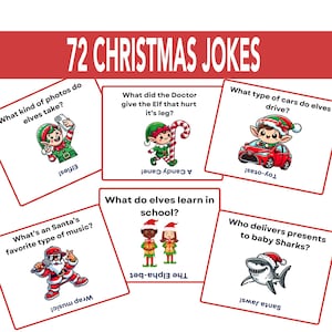 May include: A set of 10 Christmas joke cards with illustrations. Each card features a different Christmas-themed joke with a punny answer. The cards are white with red borders and feature cartoon illustrations.