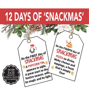 12 Days of Christmas Tags, Christmas Countdown Tags, Snackmas Neighbor, Co-Worker, Friend, Teens, Teacher Christmas Printable Tags