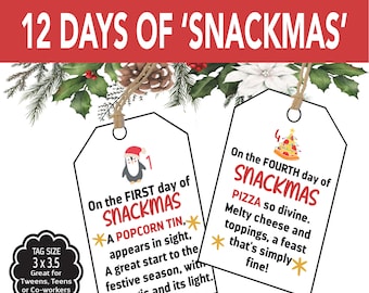 12 Days of Christmas Tags, Christmas Countdown Tags, Snackmas Neighbor, Co-Worker, Friend, Teens, Teacher Christmas Printable Tags