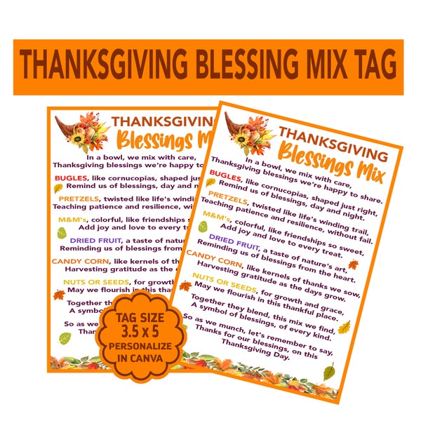 Blessings Mix Tags, Snack Mix Tags, Thanksgiving Gift Tags, Candy Corn Tags, Thankful Tag, Blessings Poem, Thanksgiving Snack Tags