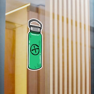 May include: A green water bottle with a white lid and a white cross inside a circle on the front.