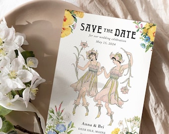 Customized LGBTQ Save the Date Wedding Invitation - Vintage, Victorian, Flower, Garden 5x7" Digital, Print Your Own Invitation