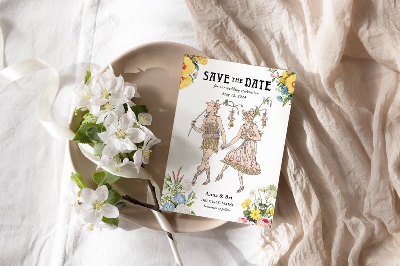 Customized LGBTQ Save the Date Wedding Invitation Vintage, Victorian, Flower, Garden 5x7 Digital, Print Your Own Invitation image 1