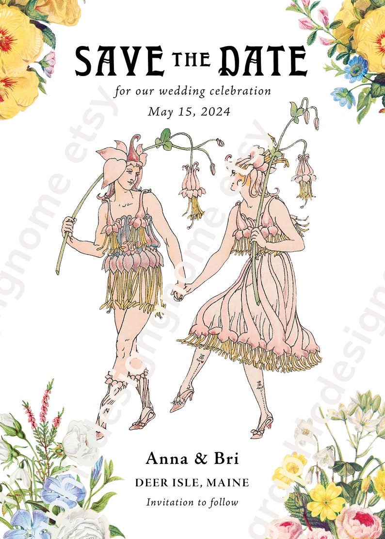 Customized LGBTQ Save the Date Wedding Invitation Vintage, Victorian, Flower, Garden 5x7 Digital, Print Your Own Invitation image 2