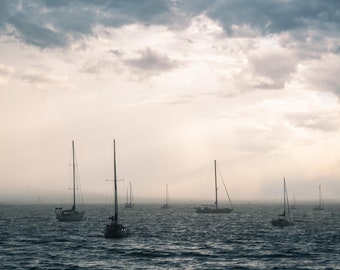 Sailboats during the end of a hurricane at Niles Beach Gloucester MA, seascape photographic art print