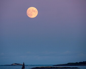 Full moonrise over Beverly MA harbor, seascape photographic art print