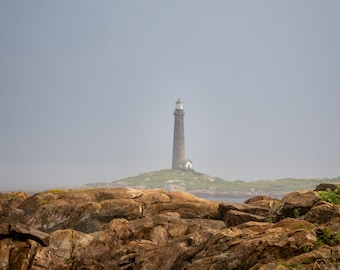 Rainy day picture of one of the twin lighthouses on thacher island, seascape photographic art print