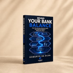 May include: A dark blue hardcover book titled Behind Your Bank Balance by Roberto Da Silva. The cover features white and blue text, a subtitle about banking, and a central graphic showing stacked digital icons connected by a glowing blue light.