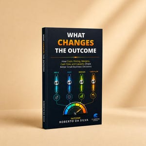 May include: A black book titled What Changes The Outcome by Roberto Da Silva. The cover features four vertical sliders labeled Price, Cost, Margin, and Cash Flow, each with a unique color, and a colorful gauge at the bottom indicating business metrics.