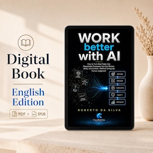 May include: A digital book titled Work better with AI by Roberto Da Silva, displayed on a tablet screen. The cover features a flowchart graphic with steps labelled Define, Design, Execute, Verify, and Improve, available in PDF and EPUB formats.