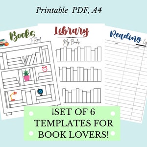 Puede incluir: Un conjunto de seis plantillas PDF imprimibles para amantes de los libros. Las plantillas incluyen un diseño de estantería para hacer un seguimiento de los libros por leer, un diseño de biblioteca para organizar libros y un registro de lectura. El texto incluye "Books To Read", "Library My Books" y "Reading Log".