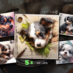 8k 傑作 - 5x AI 犬の画像ファイル - デジタル jpg ダウンロード - かわいい子犬のクリップアート - 子犬の印刷可能 - スクリーンセーバー - ジャーナル ページ